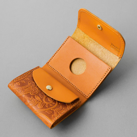 小さい財布 送料無料 栃木レザー ペイズリー型押し コンパクト ウォレット PABLO ミモザ 本革 ミニ財布 5枚目の画像