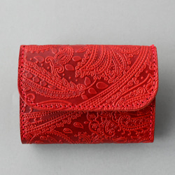 小さい財布 送料無料 栃木レザー ペイズリー型押し コンパクト ウォレット PABLO レッド 本革 ミニ財布 4枚目の画像