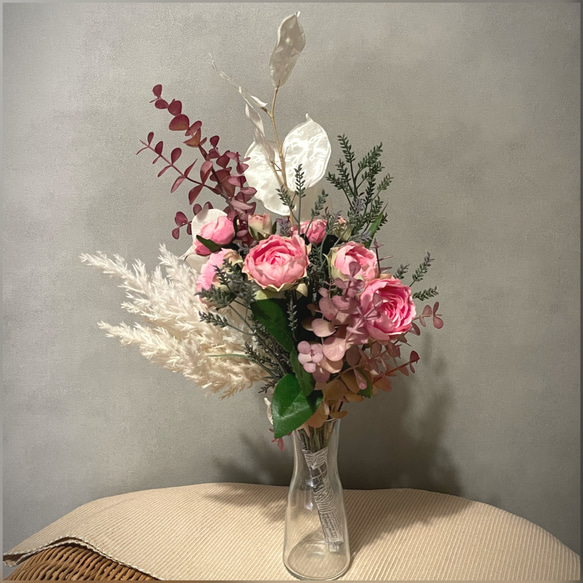ピンクローズとホワイトパンパスの花束♡ウエディング、撮影にも♡使用後、飾れる♡ 3枚目の画像