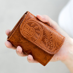 小さい財布 送料無料 栃木レザー ペイズリー型押し コンパクト ウォレット PABLO オーク 本革 ミニ財布 6枚目の画像
