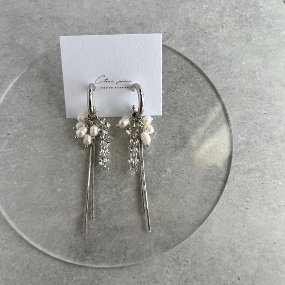 silver beads natural perl pierce / earring シルバー クリア シンプル 3枚目の画像