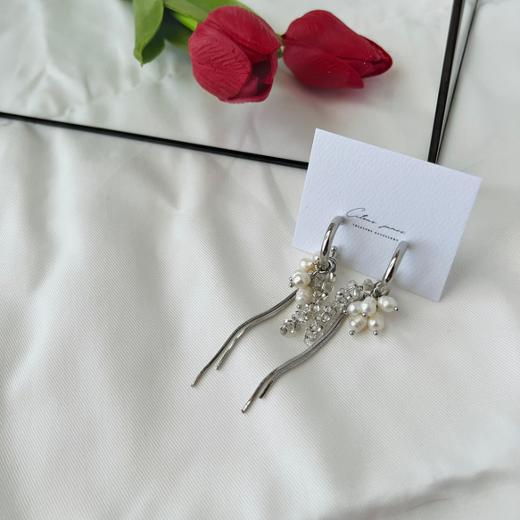 silver beads natural perl pierce / earring シルバー クリア シンプル 2枚目の画像