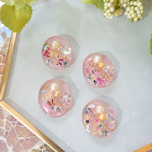 送料無料】ドライフラワーカボション☆4個 e-47ピンク/フラワー/花 