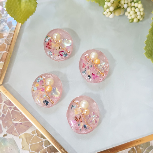 送料無料】ドライフラワーカボション☆4個 e-47ピンク/フラワー/花 