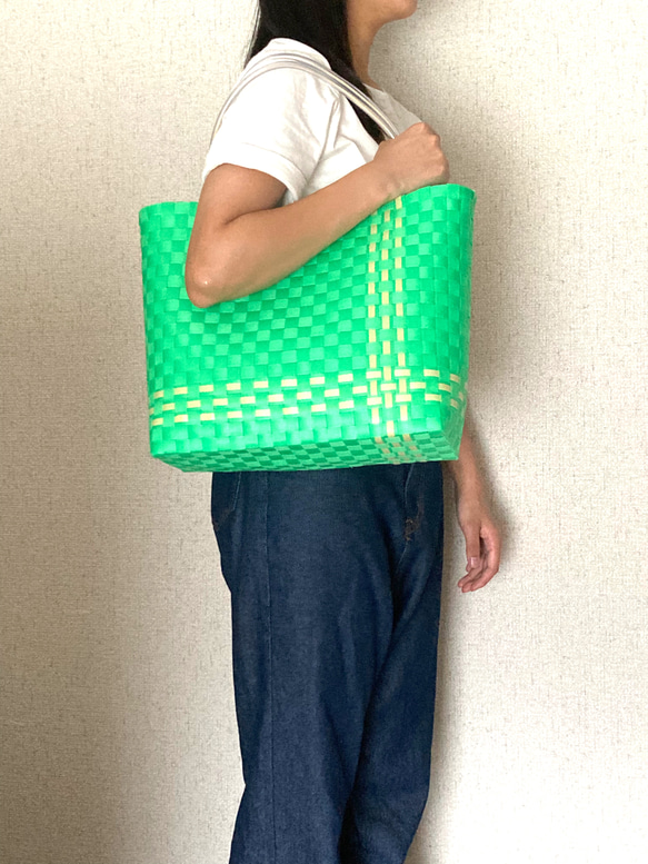 [受注制作]プラカゴ　グリーン　お買い物バッグ　トートバッグ 1枚目の画像
