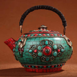 中国古美術・チベット収蔵・純銅鍍銀「吉祥八宝」バター茶壺・純手作り・急須・茶壺 55de168f5160536447bab7d5dda59b