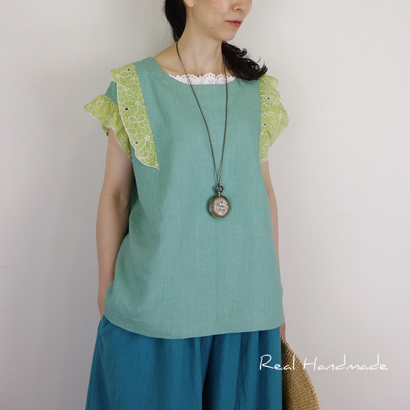[予約販売] リネンミントグリーンと若草フラワーフリルプルオーバー