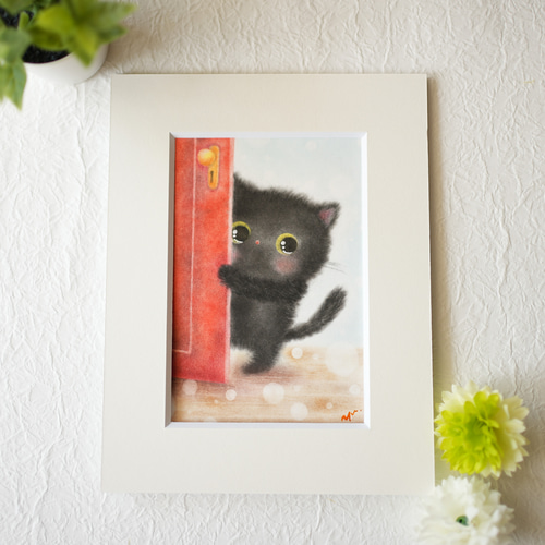 原画・マットフレーム付き】はじめまして黒猫ちゃん ネコ