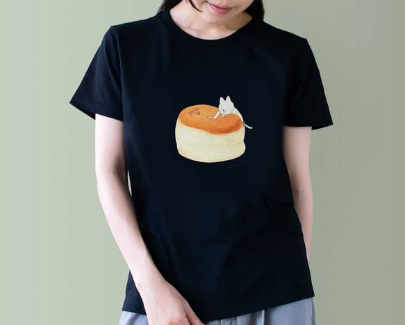 【Mサイズ】スフレチーズケーキとネコぱんのTシャツ 黒 レディース【短期発送】 2枚目の画像