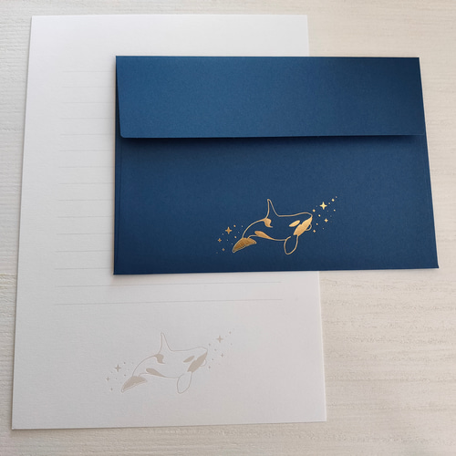 再販の予定なし 箔押しシャチのレターセット ネイビー 1セット レター