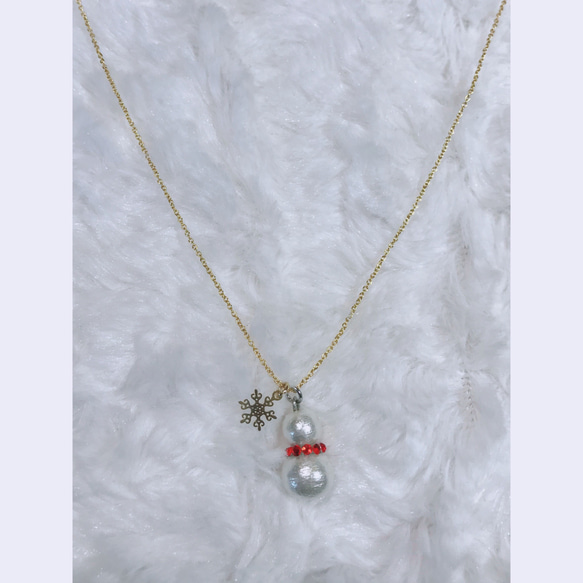 コットンパール 大人の雪だるま（snowman）ネックレス　赤 2枚目の画像