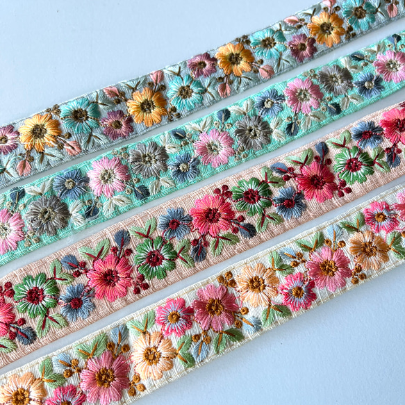 【SALE♡50cm】インド刺繍リボン 　グリーンxピンク　シルク  SS444 7枚目の画像