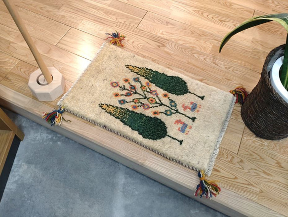 ペルシャ ギャッベ 玄関マット 36×58 アイボリー 糸杉 ギャベ