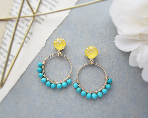 ビジュー×ターコイズフープ イヤリング／ピアス*3970