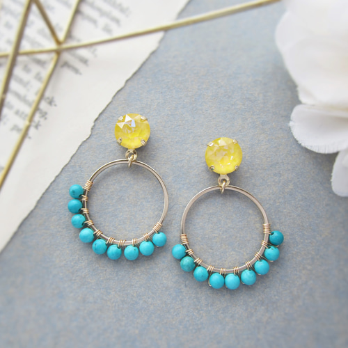 ビジュー×ターコイズフープ イヤリング／ピアス*3970