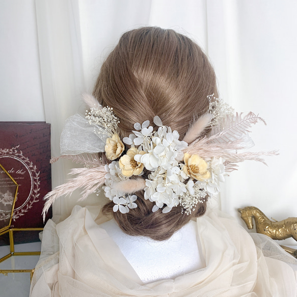 装いの時間 【 white × pink ｱﾈﾓﾈ 】ヘッドドレス アクセサリー 髪飾り 結婚式 成人式 BOX付 2枚目の画像