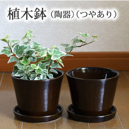 濃い茶色の陶器の植木鉢 (つやあり) (すり鉢タイプ) 一輪挿し・花瓶