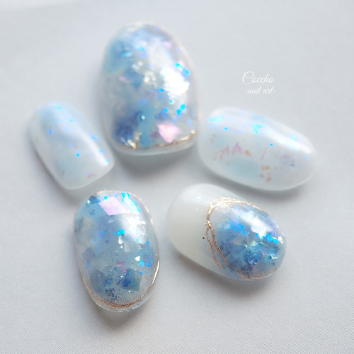 No.101 ジェルネイル ネイルチップ ブルー ニュアンス 天然石 ミラー  