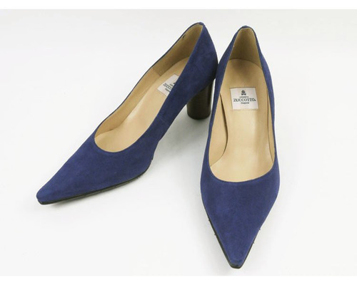 円柱ヒールが新鮮なポインテッドトゥパンプス☆ブルースエード