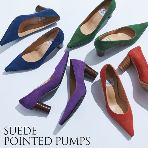 円柱ヒールが新鮮なポインテッドトゥパンプス☆ブルースエード