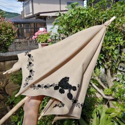 プードル＆ベリー黒糸刺繍の日傘（ベージュ系リネン生地にブラック・プードル）UV加工済み 14枚目の画像