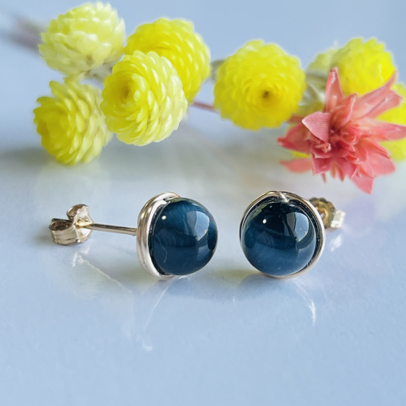 再販】 ブルータイガーアイ 1粒ピアス キャッツアイ 14kgf 南アフリカ  