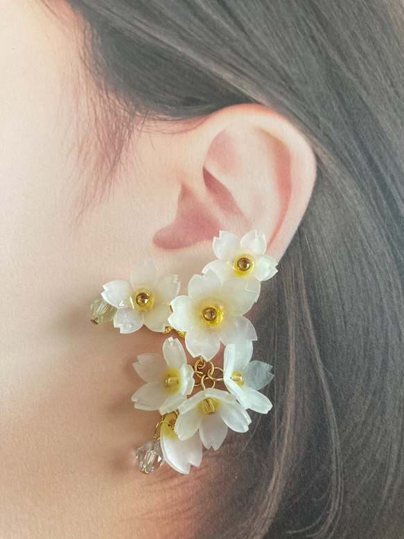 両耳セット 白色×黄色 しだれ桜のイヤーカフ (左耳用) さくらイヤーカフ 2枚目の画像