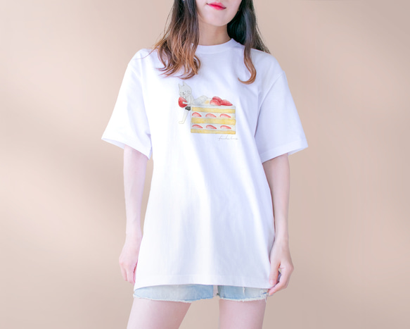 【BigLサイズ】ショートケーキとネコぱんのTシャツ ホワイト 白 メンズ ユニセックス【短期発送】 3枚目の画像