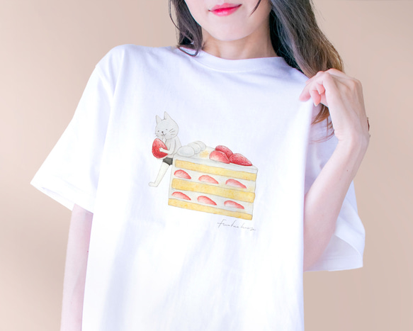 【BigLサイズ】ショートケーキとネコぱんのTシャツ ホワイト 白 メンズ ユニセックス【短期発送】 4枚目の画像