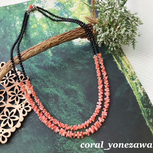 ピンク珊瑚&オニキス エレガントな2連ネックレス シルバー製クラスプ  