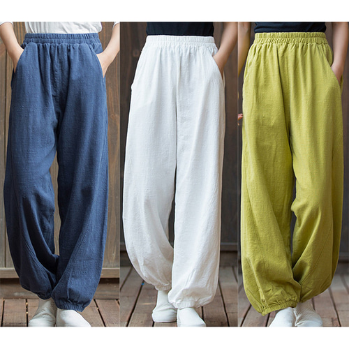 裾ゴムワイドパンツ 中厚砂洗い綿麻ロングパンツ ウエストゴム ゆとり