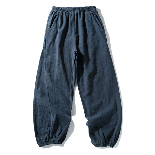 裾ゴムワイドパンツ 中厚砂洗い綿麻ロングパンツ ウエストゴム