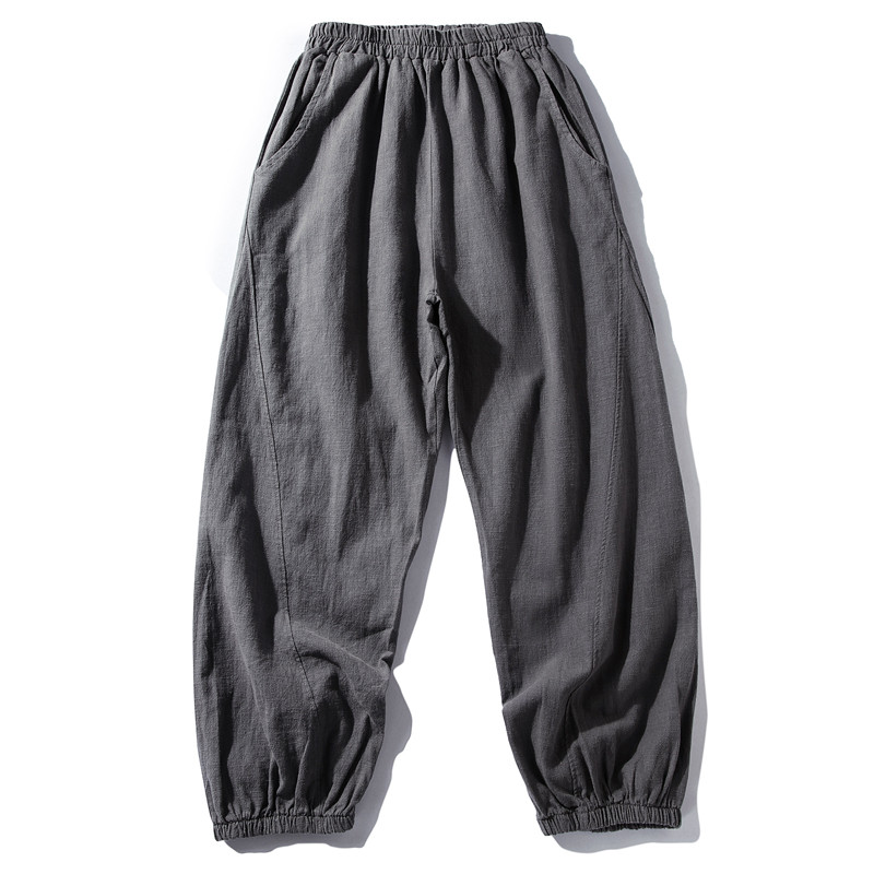 裾ゴムワイドパンツ　中厚砂洗い綿麻ロングパンツ　ウエストゴム　ゆとりパンツ　グレーS&M＆L＃L044GY 4,675円