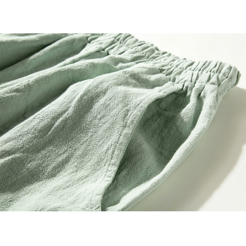 裾ゴムワイドパンツ　中厚砂洗い綿麻ロングパンツ　ウエストゴム　ゆとりパンツ　ミントS&M＆L＃L044MT