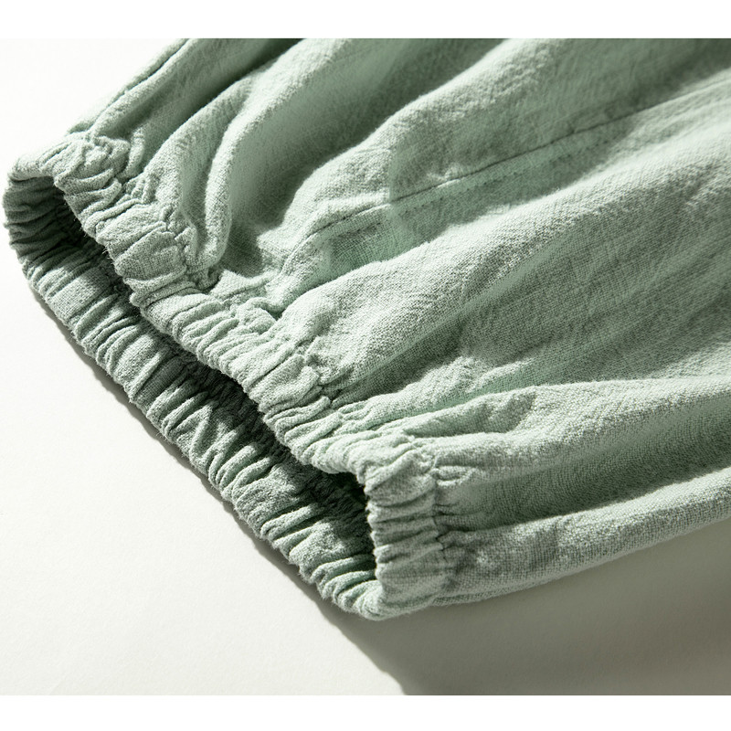 裾ゴムワイドパンツ　中厚砂洗い綿麻ロングパンツ　ウエストゴム　ゆとりパンツ　ミントS&M＆L＃L044MT