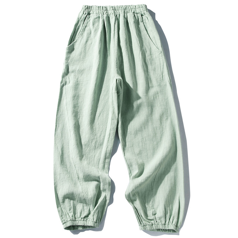 裾ゴムワイドパンツ　中厚砂洗い綿麻ロングパンツ　ウエストゴム　ゆとりパンツ　ミントS&M＆L＃L044MT