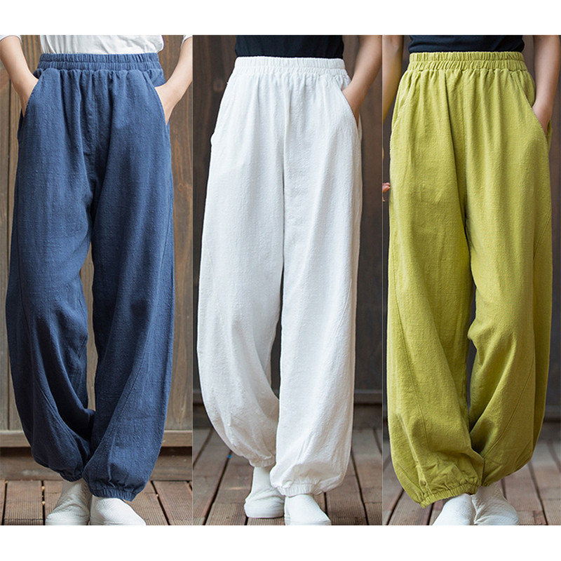 裾ゴムワイドパンツ　中厚砂洗い綿麻ロングパンツ　ウエストゴム　ゆとりパンツ　ミントS&M＆L＃L044MT