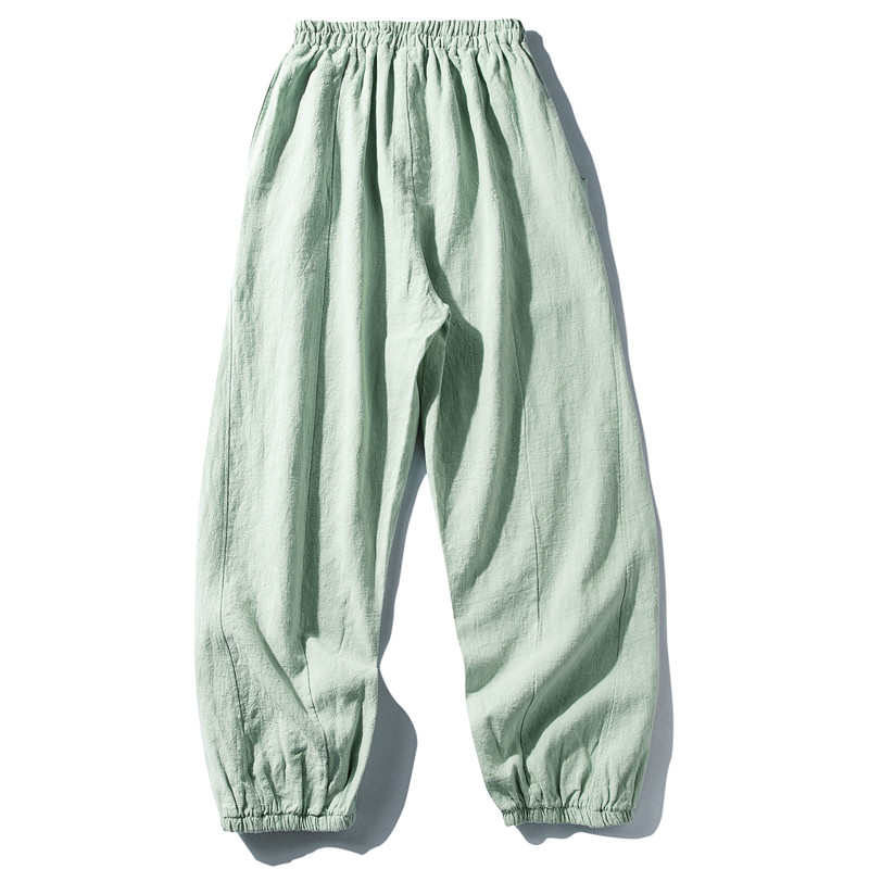 裾ゴムワイドパンツ　中厚砂洗い綿麻ロングパンツ　ウエストゴム　ゆとりパンツ　ミントS&M＆L＃L044MT