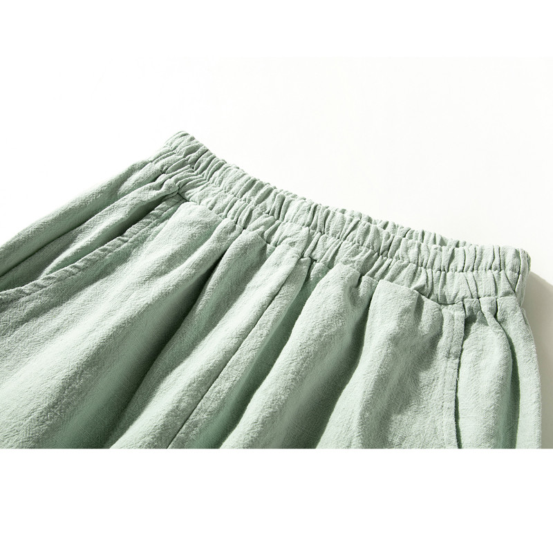 裾ゴムワイドパンツ　中厚砂洗い綿麻ロングパンツ　ウエストゴム　ゆとりパンツ　ミントS&M＆L＃L044MT