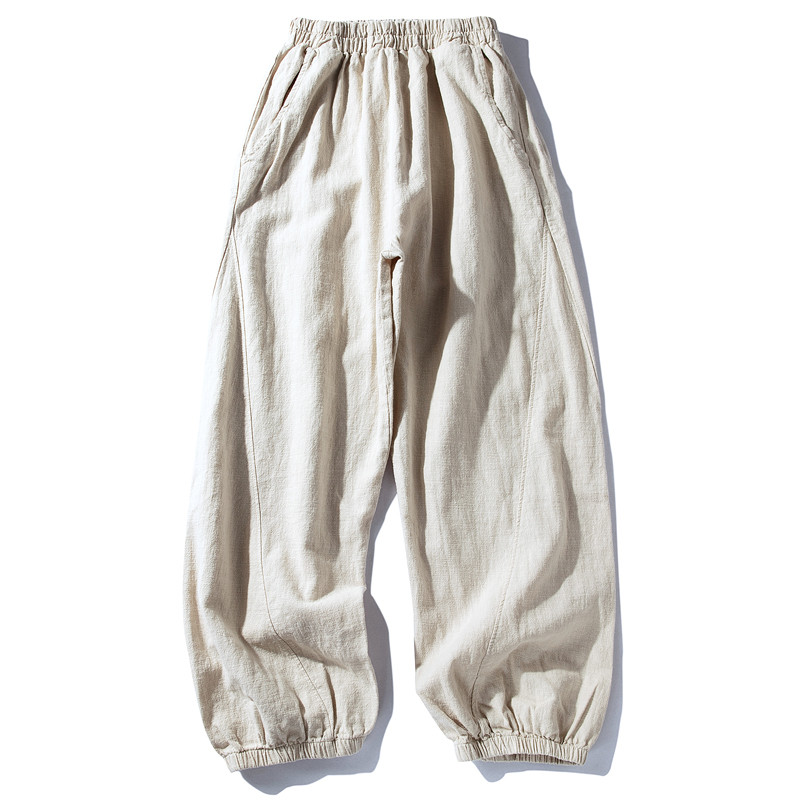 裾ゴムワイドパンツ　中厚砂洗い綿麻ロングパンツ　ウエストゴム　ゆとりパンツ　ベージュS&M＆L＃L044BE