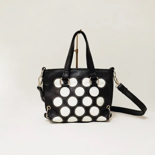 牛革ドットレザーバッグ（ブラック×ホワイト）