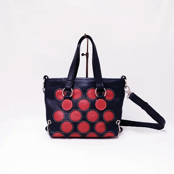 牛革ドットレザーバッグ（ネイビー×レッド）