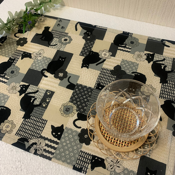 ランチョンマット♪和風モダン黒猫☆セピア 2枚目の画像