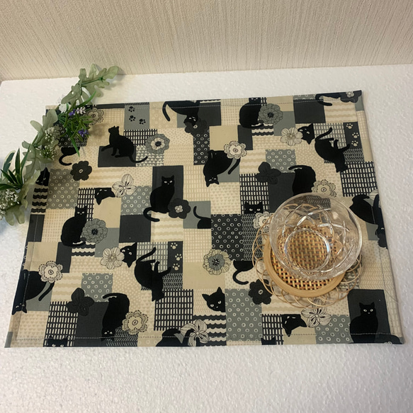 ランチョンマット♪和風モダン黒猫☆セピア 1枚目の画像