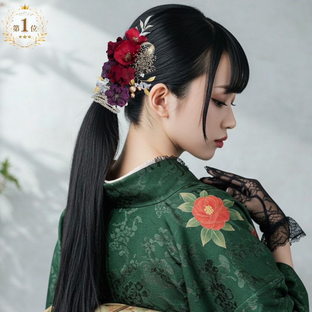 成人式 髪飾り 椿×林檎の花｜卒業式 袴 和装ヘア No.PT52 振袖 着物 和装 花嫁 結婚式 前撮り 紫 和モダン