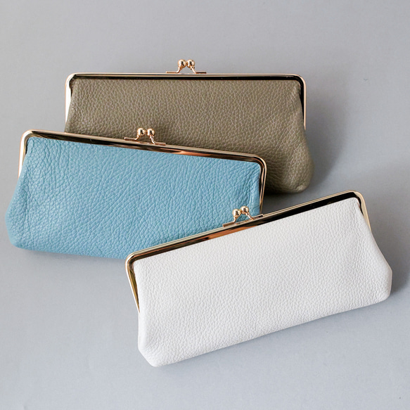 送料無料 イタリアンシボ がま口 長財布 ロングウォレット 軽量 国産 牛革 大容量 ホワイトベージュ 2枚目の画像