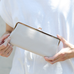 送料無料 イタリアンシボ がま口 長財布 ロングウォレット 軽量 国産 牛革 大容量 ホワイトベージュ 6枚目の画像