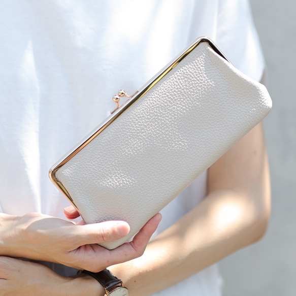 送料無料 イタリアンシボ がま口 長財布 ロングウォレット 軽量 国産 牛革 大容量 ホワイトベージュ 1枚目の画像