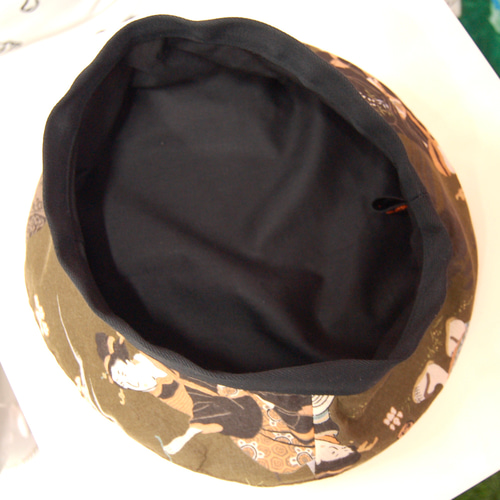 町娘 浮世絵和柄 コットンベレー帽:オリーブグリーン ベレー帽