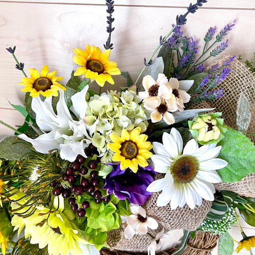 No.wreath-15443/ひまわりとユリの特大リース 60x56cm/アーティ  